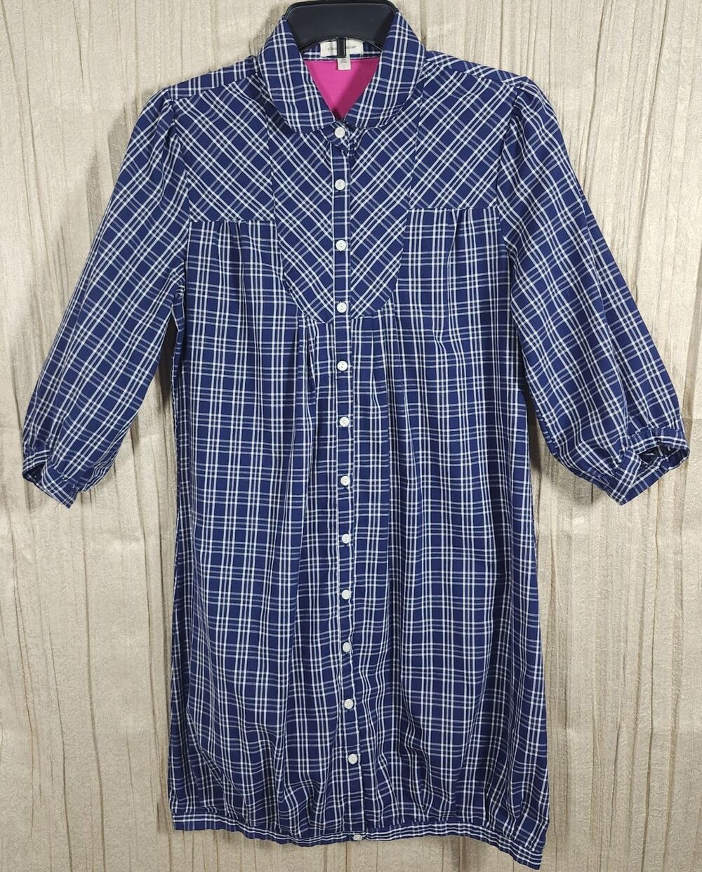 Blue Plaid Cotton Button Down Dress Balloon Sleeve Bubble Hem Silence + Noise L